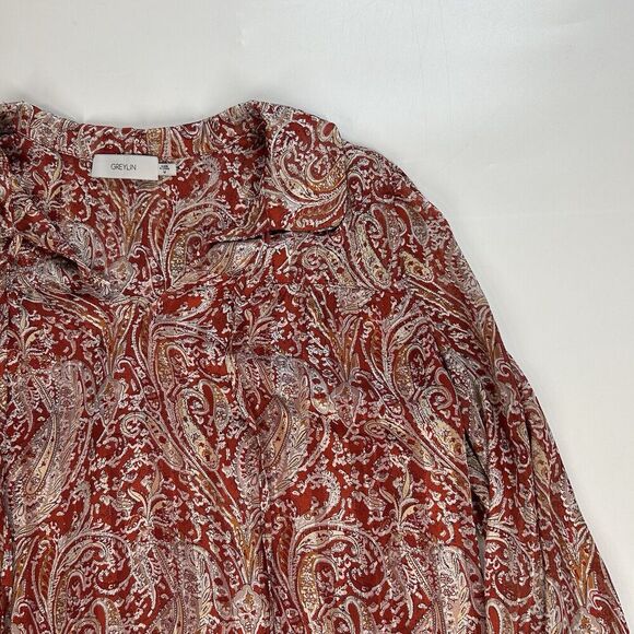 Greylin Anthropologie Top Womens Medium Paisley Red Peasant Blouse Flaw - Picture 2 of 10